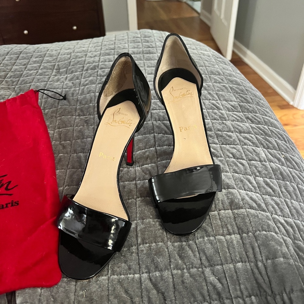 Authentic Christian Louboutin open toe heels. Black patent leather. Size 39